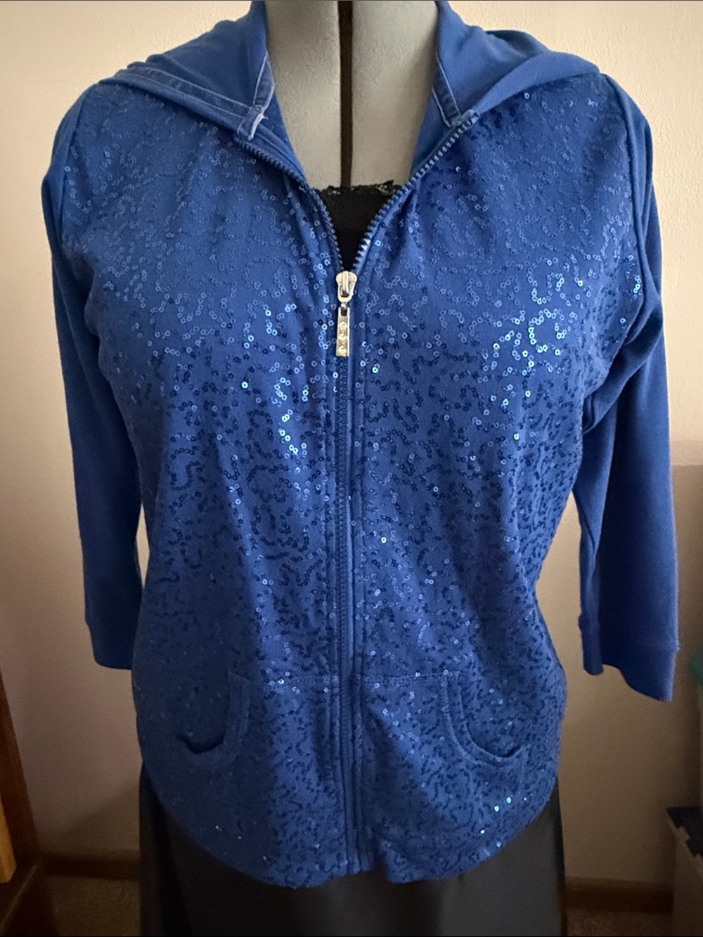 Quacker Factory Sequin Zip-Up Hoodie - Royal Blue